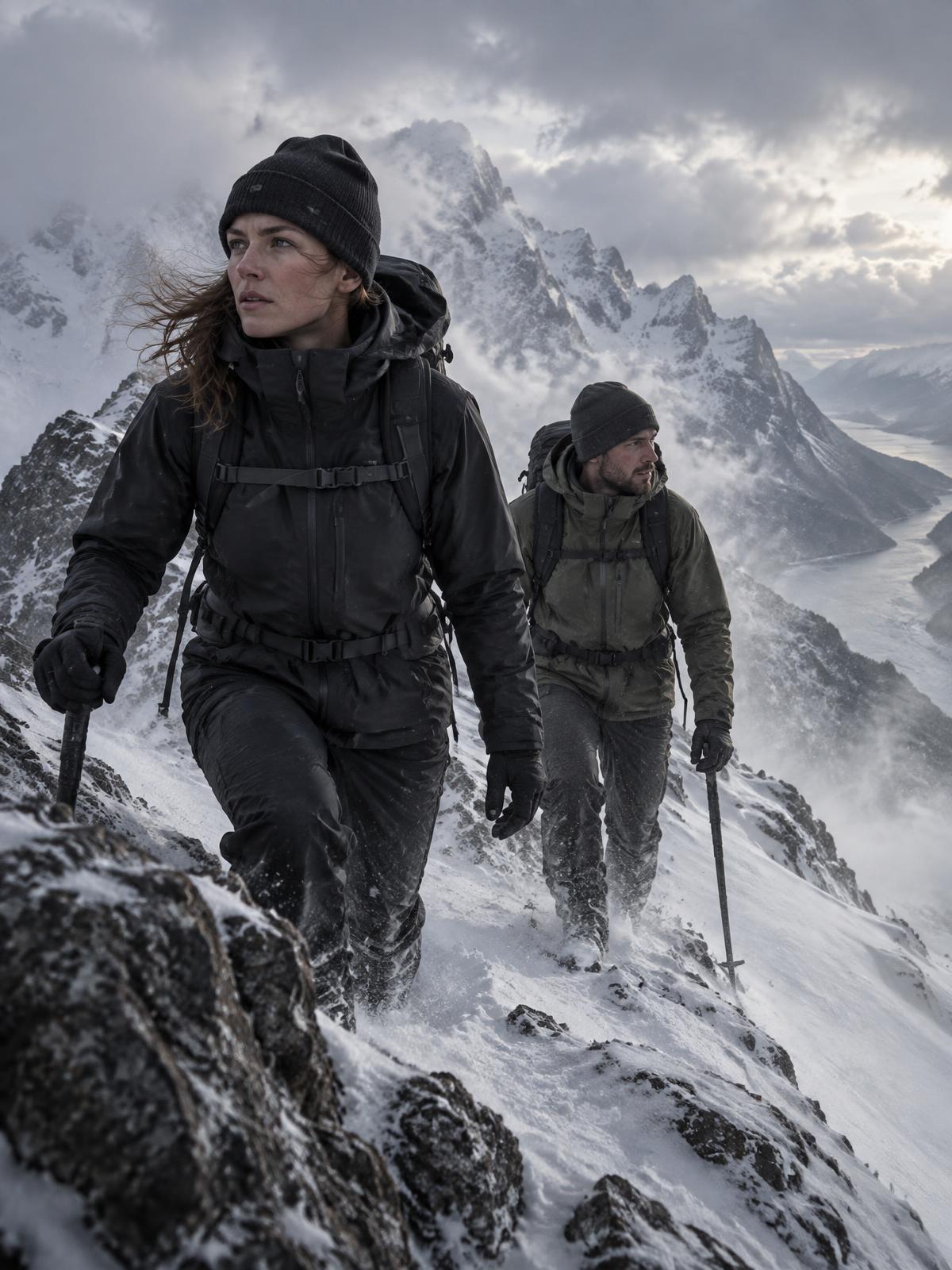 RESISTIQ mountaineers ascending a snow-covered alpine ridge